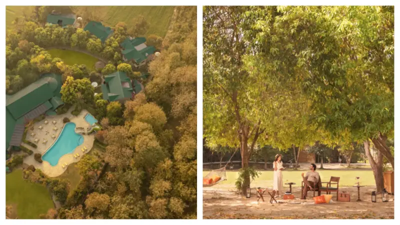 An aerial view of the property and a view of the lawns.