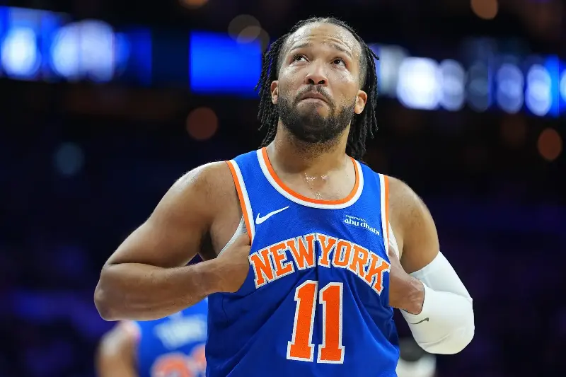 Jalen Brunson #11 of the New York Knicks looks on against the Philadelphia 76ers during a preseason game at Xfinity Mobile Arena on October 5, 2026, in Philadelphia, Pennsylvania. The 76ers defeated the Knicks 120-97. (Photo by Mitchell Leff/Getty Images)