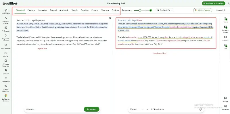 paraphrasing-tool-standard-mode-quillbot-review