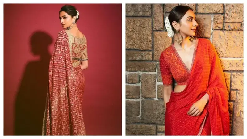 Bandhani saree has intricate detailing.