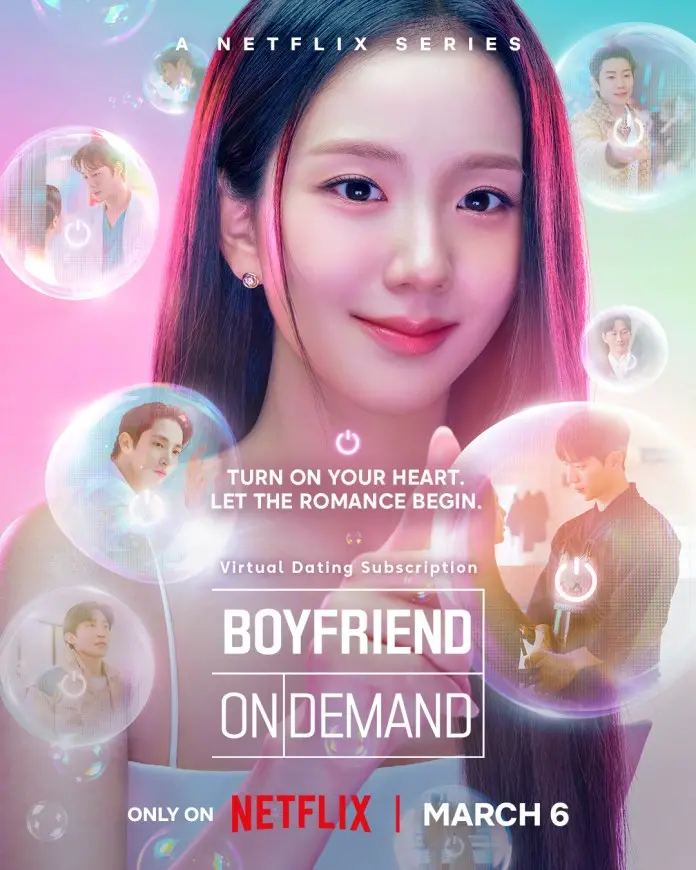 Promotional poster for the Netflix series 'Boyfriend On Demand' featuring a close-up of a smiling Jisoo with colorful background and images of men in bubbles, encouraging viewers to explore virtual dating.