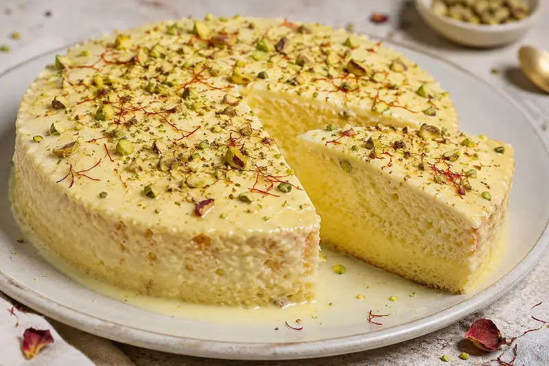 Saffron pistachio milk cake recipe.