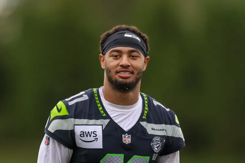 Jaxon Smith-Njigba #11 of the Seattle Seahawks reacts after practice at Virginia Mason Athletic Center on July 25, 2026 in Renton, Washington. (Photo by Jack Compton/Getty Images)
