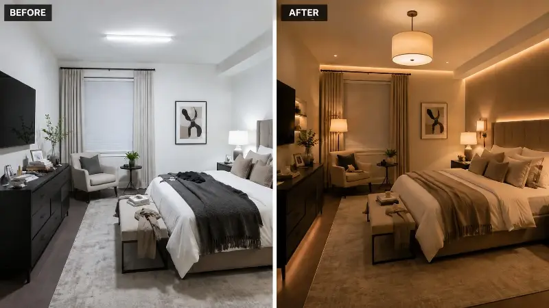 Bright lighting makes the space look stark and flat. 