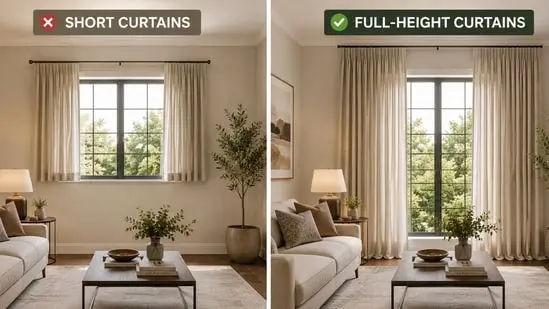 Full-height curtains make the space look better. 
