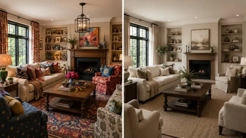 Avoid picking different prints and patterns for the same interiors, they end up clashing and creatin visual fatigue. Stick to simple, neutral patterns. 