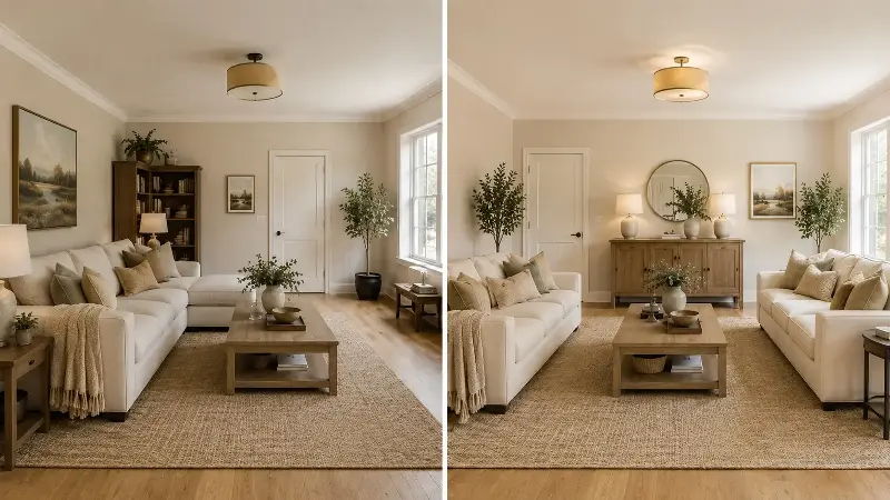 Focus on the placement of the furniture as well. Even it out, instead of cluttering everything in one place. 