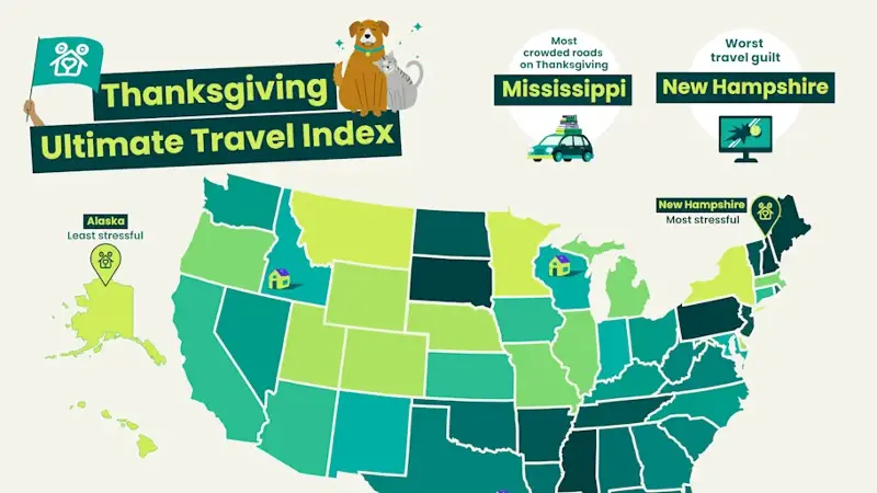 Map of the US showing by shades of green which states are most stressful for Thanksgiving travel.