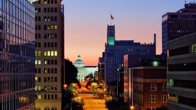 Jackson, Mississippi cityscape at night. 