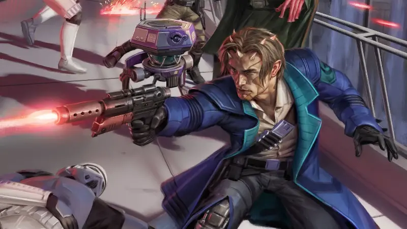 An alien in a long blue coat with a droid at his shoulder fires a blaster at Stormtroopers