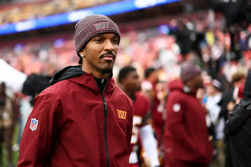 Jayden Daniels #5 of the Washington Commanders walks the field prior to an NFL football game against the Seattle Seahawks at Northwest Stadium on September 27, 2026 in Landover, Maryland. (Photo by Kevin Sabitus/Getty Images)