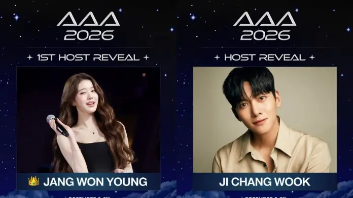 Promotional image for the 2026 AAA awards, featuring hosts Jang Won Young and Ji Chang Wook.