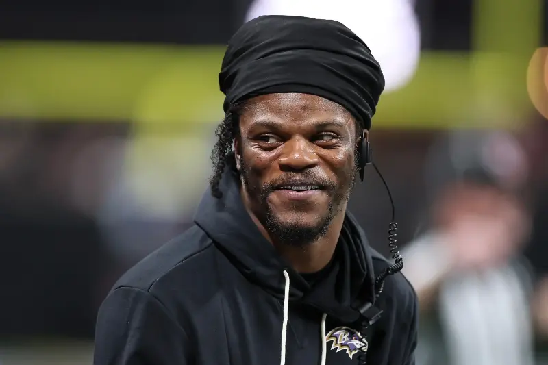ATLANTA, GEORGIA - OCTOBER 11: Lamar Jackson #8 of the Baltimore Ravens looks on from the sidelines during the first quarter against the Atlanta Falcons at Mercedes-Benz Stadium on October 11, 2026 in Atlanta, Georgia. (Photo by Kevin C. Cox/Getty Images)