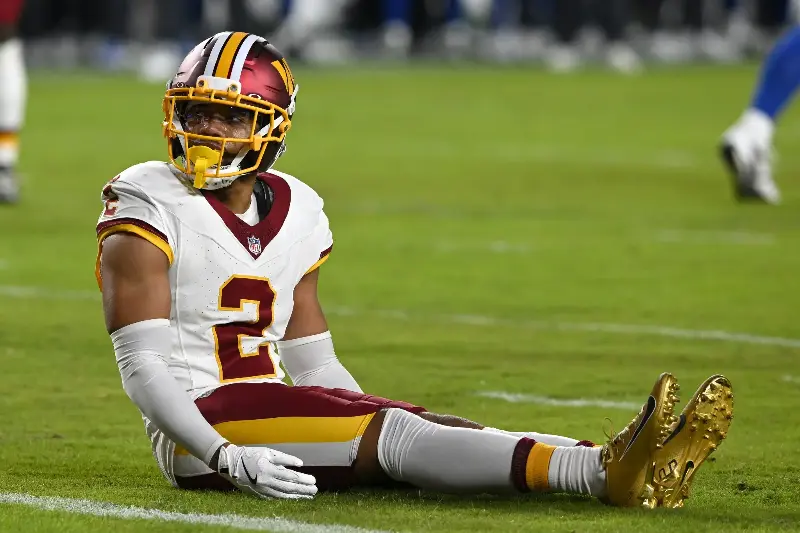 LANDOVER, MARYLAND - NOVEMBER 02: Marshon Lattimore #2 of the Washington Commanders reacts after being called for pass interference against the Seattle Seahawks during the first quarter in the game at Northwest Stadium on November 02, 2025 in Landover, Maryland. (Photo by Greg Fiume/Getty Images)