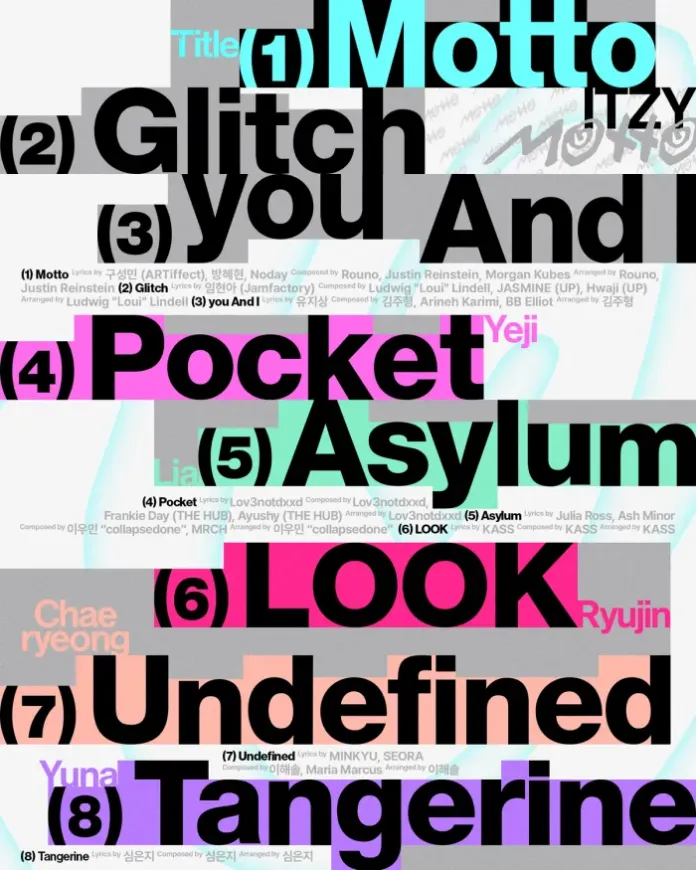 Colorful graphic displaying song titles and artists, including 'Motto', 'Glitch', 'Pocket', 'Asylum', 'Look', 'Undefined', and 'Tangerine', with artist names and arrangement details.