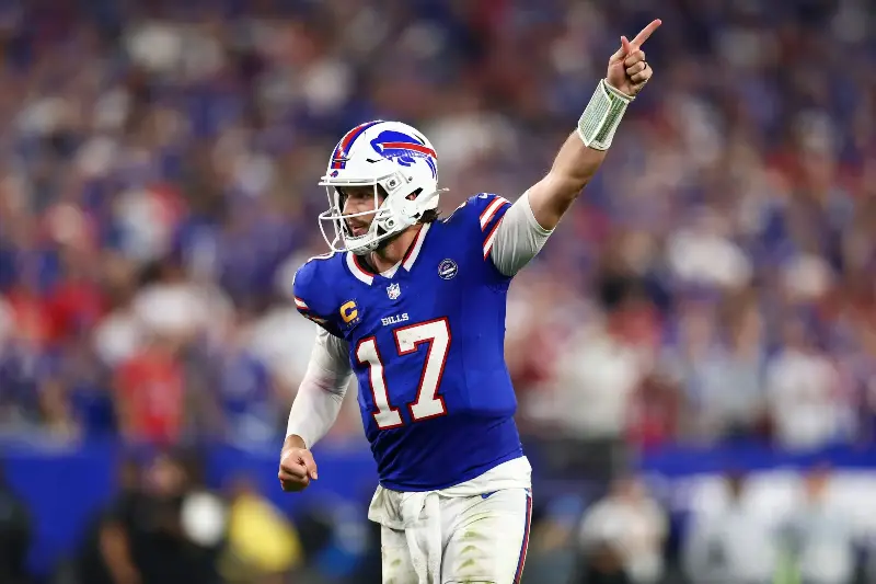 ORCHARD PARK, NEW YORK - SEPTEMBER 17: Josh Allen #17 of the Buffalo Bills celebrates after a touchdown during the fourth quarter of an NFL football game against the Detroit Lions at Highmark Stadium on September 17, 2026 in Orchard Park, New York. (Photo by Kevin Sabitus/Getty Images)