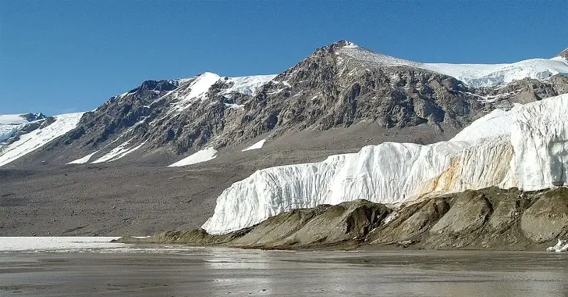 Blood Falls at the snout of the Taylor Glacier, overlooking Lake Bonney, Antarctica.
