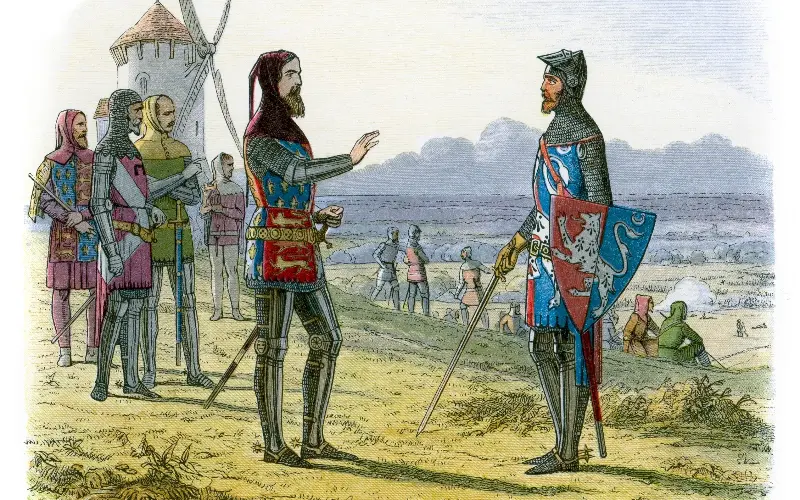 Edward III embodied the medieval ideal of kingship, it is said. Here, a lithograph from 1864 shows him refusing to help his son, the Black Prince, at the Battle of Crecy in 1346