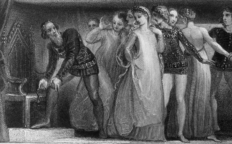 Edward III picks up a garter dropped by a lady in court and ties it around his own leg, in what is reputed to be the origin of a noble British order of chivalry - Hulton Archive/Getty