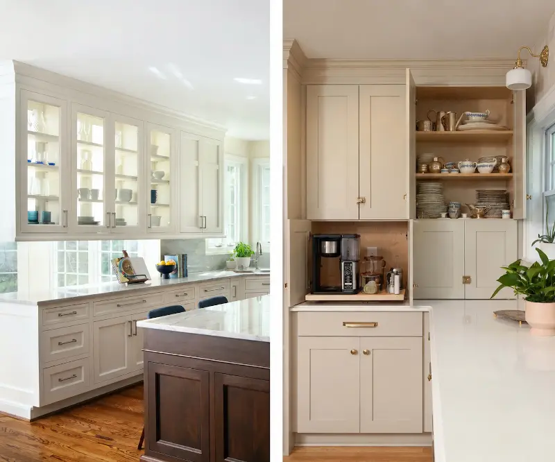 Inset doors (shown left) sit flush within the cabinet frame, while full-overlay doors (shown right) cover nearly the entire frame. (Image credit: Constance Gauthier/ WINN Design + Build. Right: Andrew Sherman/Balding Design Build )
