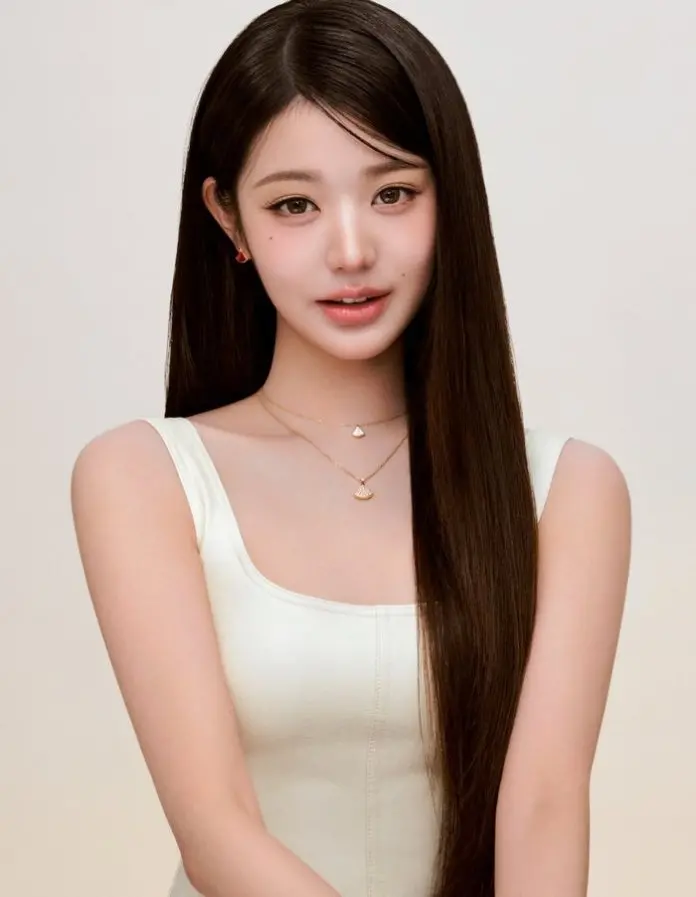 Jang Wonyoung poses elegantly in a simple backdrop, showcasing her signature style while wearing delicate jewelry for Bulgari's campaign.