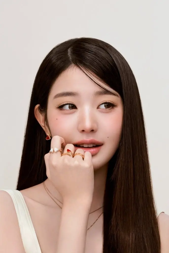 Jang Wonyoung showcasing Bulgari jewelry with a graceful expression against a neutral backdrop.