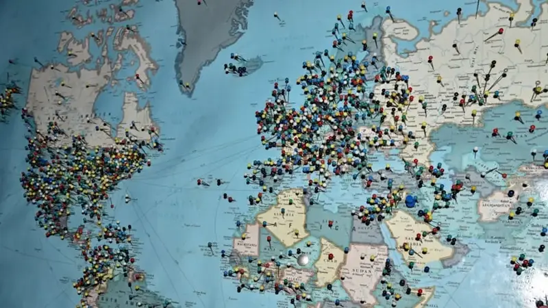 Pins on world map