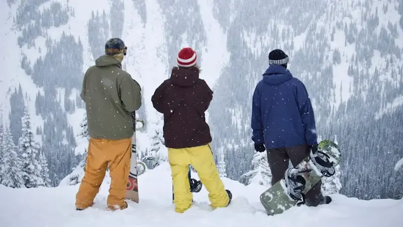 Snowboarders admiring mountainside