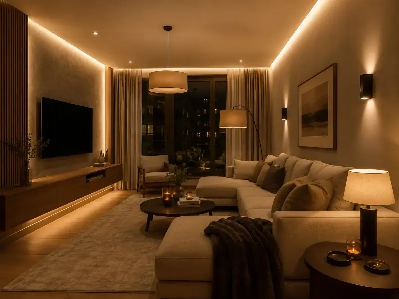 Go for warm lighting with pendant lamps and wall scones. 