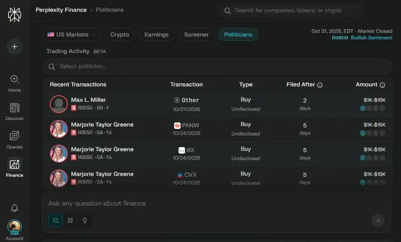 Screenshot from Perplexity Finance showing recent trading activities of American politicians.