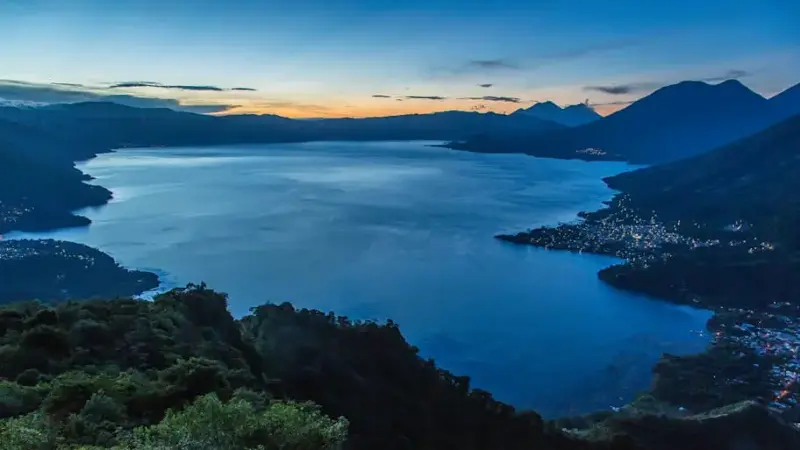 An aerial view of Lake Atitlán, Guatemala at dawn