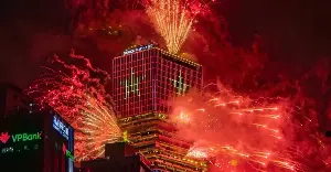 Fireworks lit up the sky over Ho Chi Minh City on the night of the 50th anniversary of the city being named after President Ho Chi Minh.