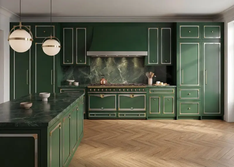 Crisp metallic trim puts a sharp, tailored line around all that glorious green. (Image credit: La Cornue)