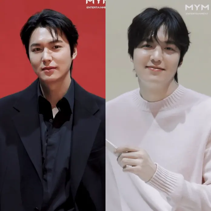 A split image featuring Lee Minho  on the left dressed in a black suit against a red background, and on the right, Lee Minho smiling while wearing a pink sweater in a light-colored setting.