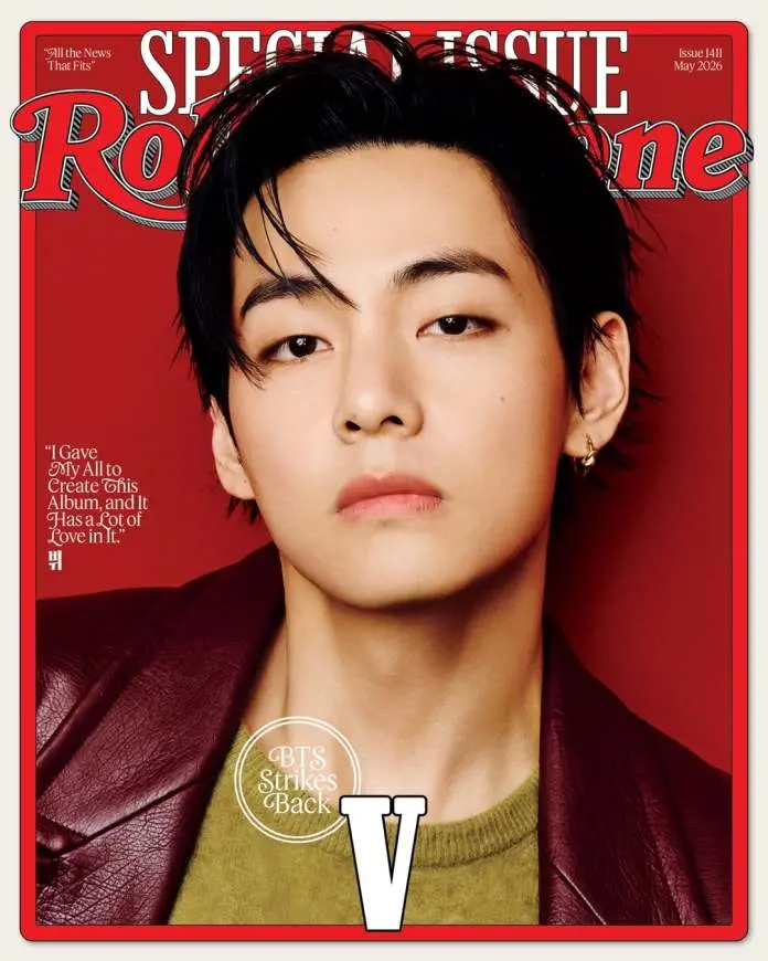 Cover of Rolling Stone magazine featuring a close-up portrait of V from BTS. He has a serious expression and is wearing a stylish outfit against a red background.