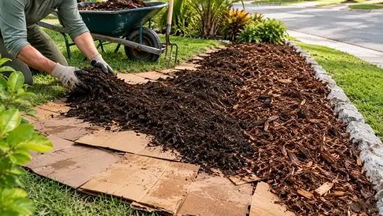 Sheet mulching, also called lasagna gardening, layers soaked cardboard, organic material, and mulch over grass.