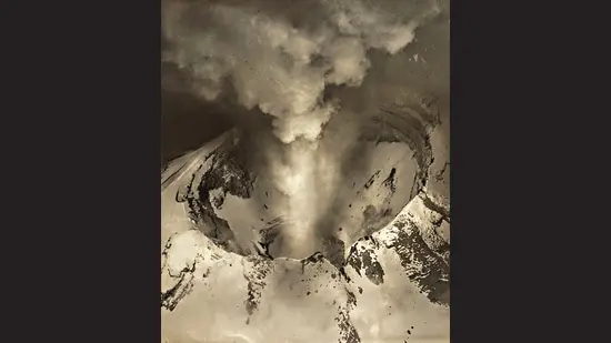 Smoke rises from Mexico’s Popocatepetl volcano, in an image captured in 1930. (Galleries of Scotland; Richard and John Buckham)