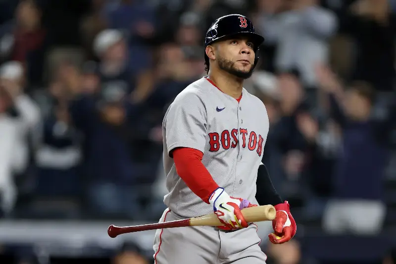 NEW YORK, NEW YORK - SEPTEMBER 29: Willson Contreras #40 of the Boston Red Sox reacts after being struck out by John Schreiber #56 of the New York Yankees to end game one of the American League Wild Card Series at Yankee Stadium on September 29, 2026 in the Bronx borough of New York City. (Photo by Al Bello/Getty Images)